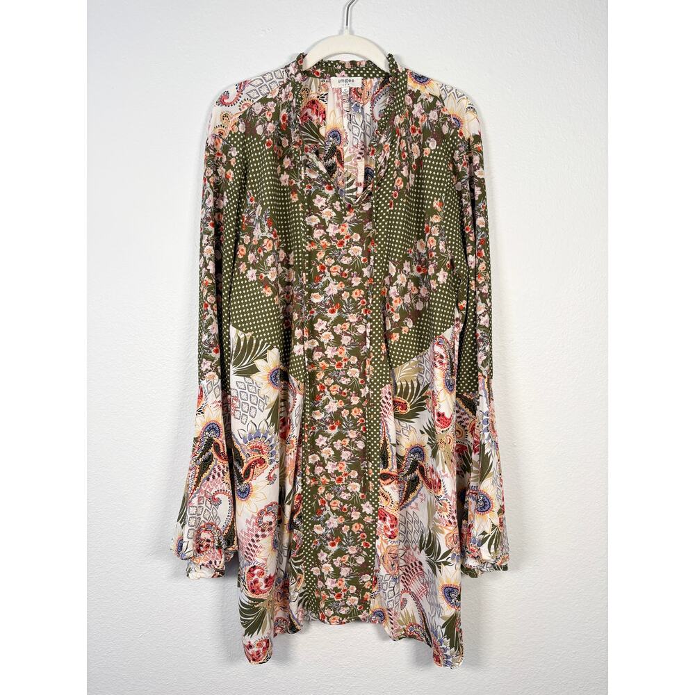 Umgee Boho Hippie Green Patchwork Floral Print Bell Sleeve Tunic Mini Dress